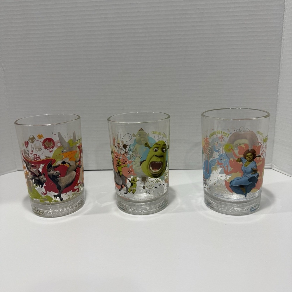 Shrek The Third McDonalds Set of 3 Collectible Glasses 2007 NEW Fiona Donkey - Picture 3 of 6